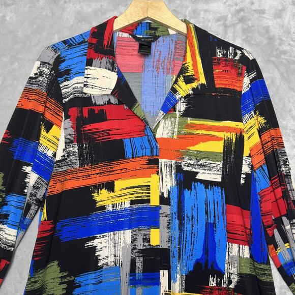 Ali Miles Top Womens Large Abstract Art Print Tunic Stretch V Neck 3/4 Ruched - Picture 3 of 12